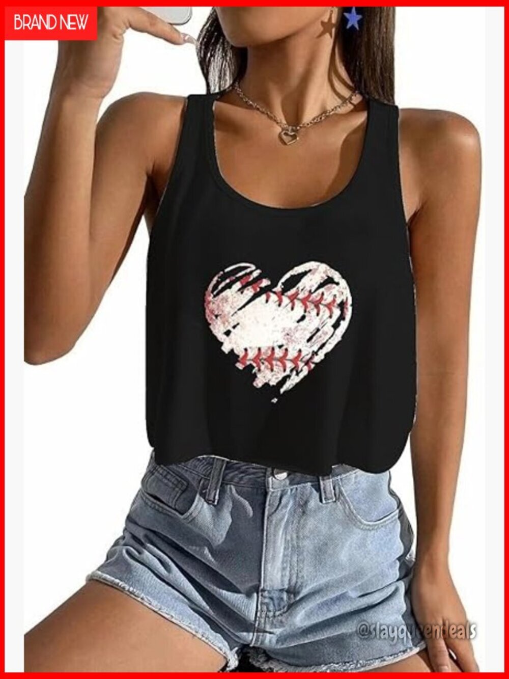 Loose Fit Cotton Blend Baseball Crop Tank Top Sleeveless Crew Neck
